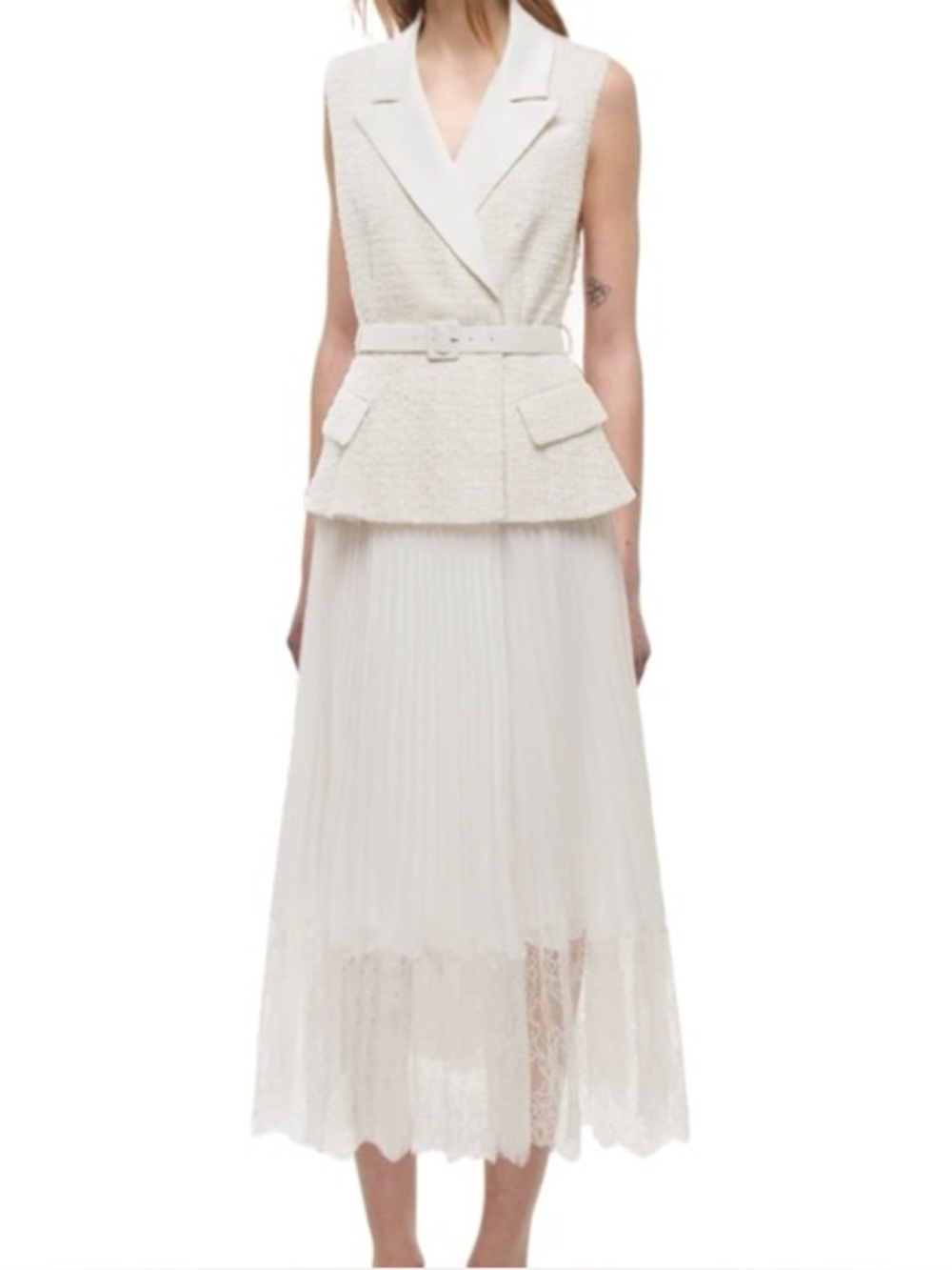 Self-Portrait Sleeveless Lace Midi Tailored Crepe And Chiffon Dress Ivory - US8